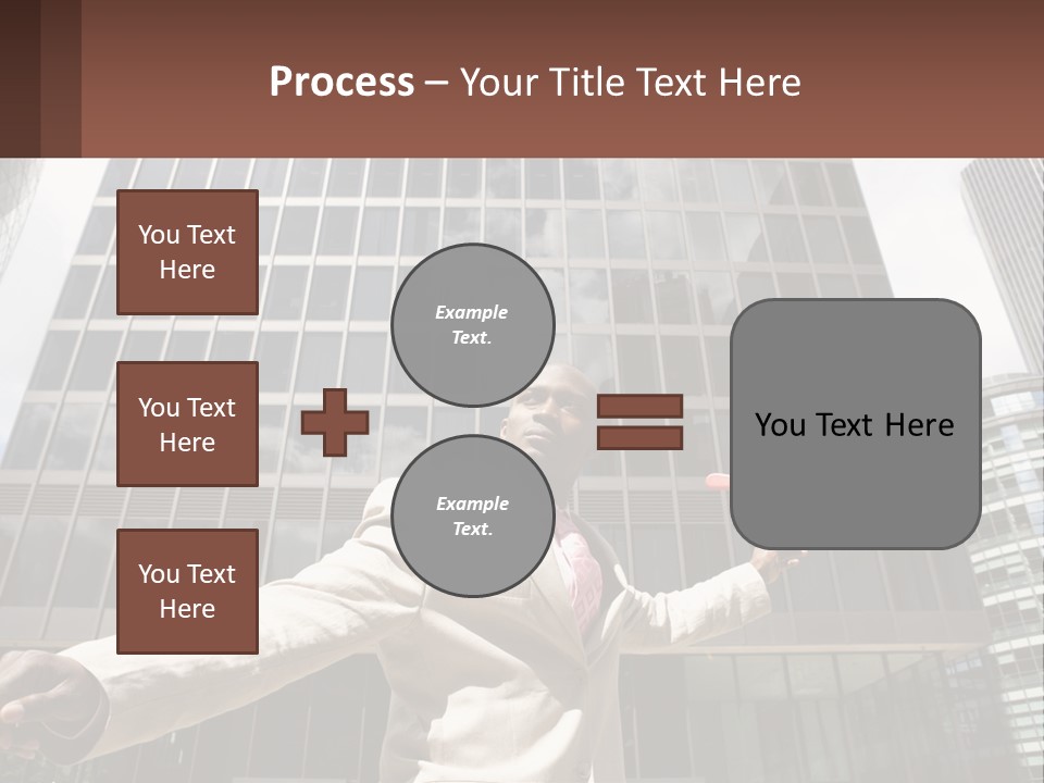 A Man In A Suit Holding Up A Red Object In Front Of A Tall Building PowerPoint Template