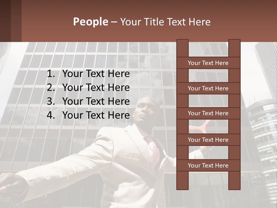A Man In A Suit Holding Up A Red Object In Front Of A Tall Building PowerPoint Template