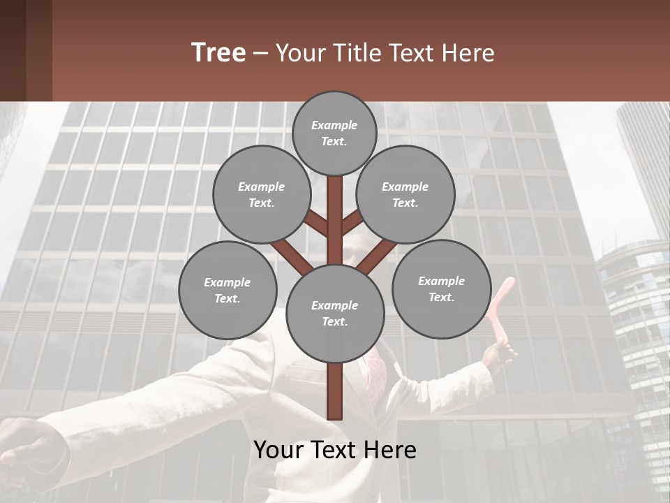 A Man In A Suit Holding Up A Red Object In Front Of A Tall Building PowerPoint Template