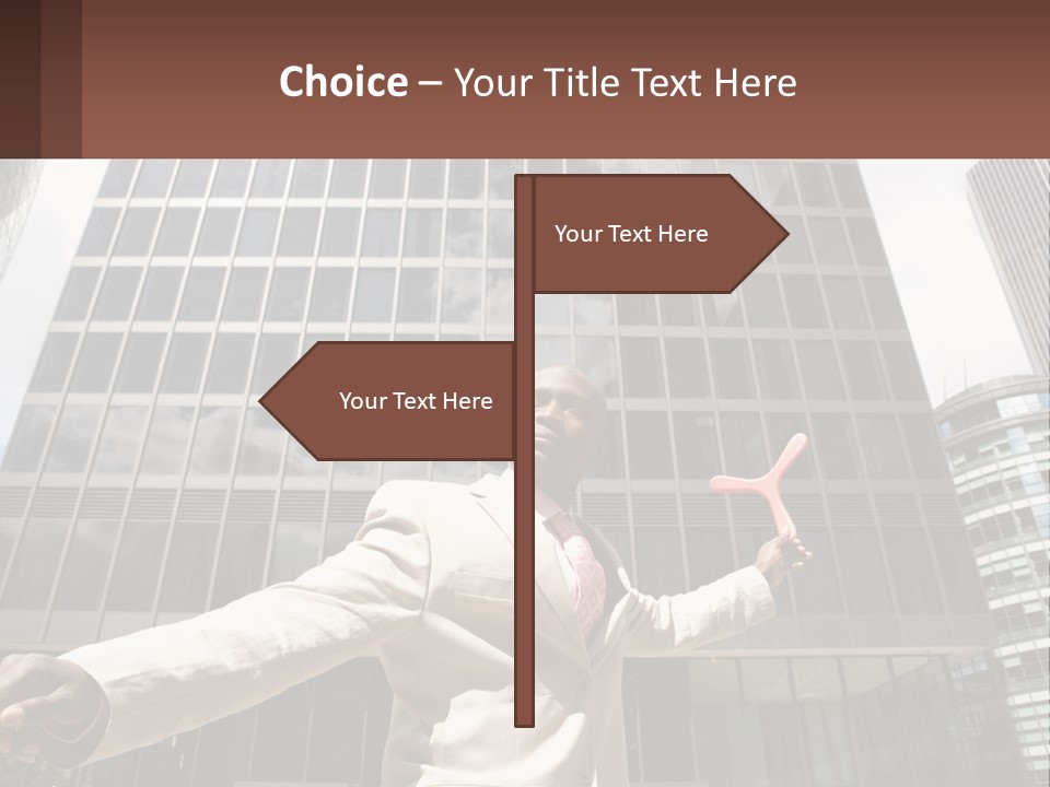 A Man In A Suit Holding Up A Red Object In Front Of A Tall Building PowerPoint Template