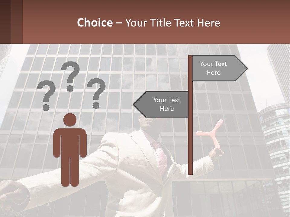 A Man In A Suit Holding Up A Red Object In Front Of A Tall Building PowerPoint Template