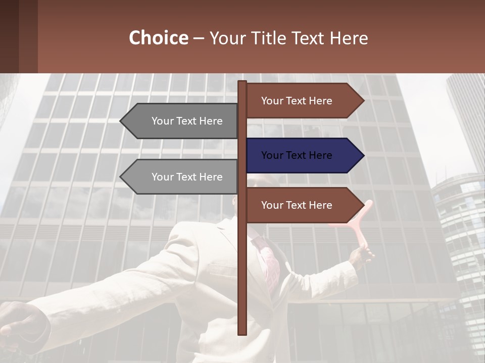 A Man In A Suit Holding Up A Red Object In Front Of A Tall Building PowerPoint Template