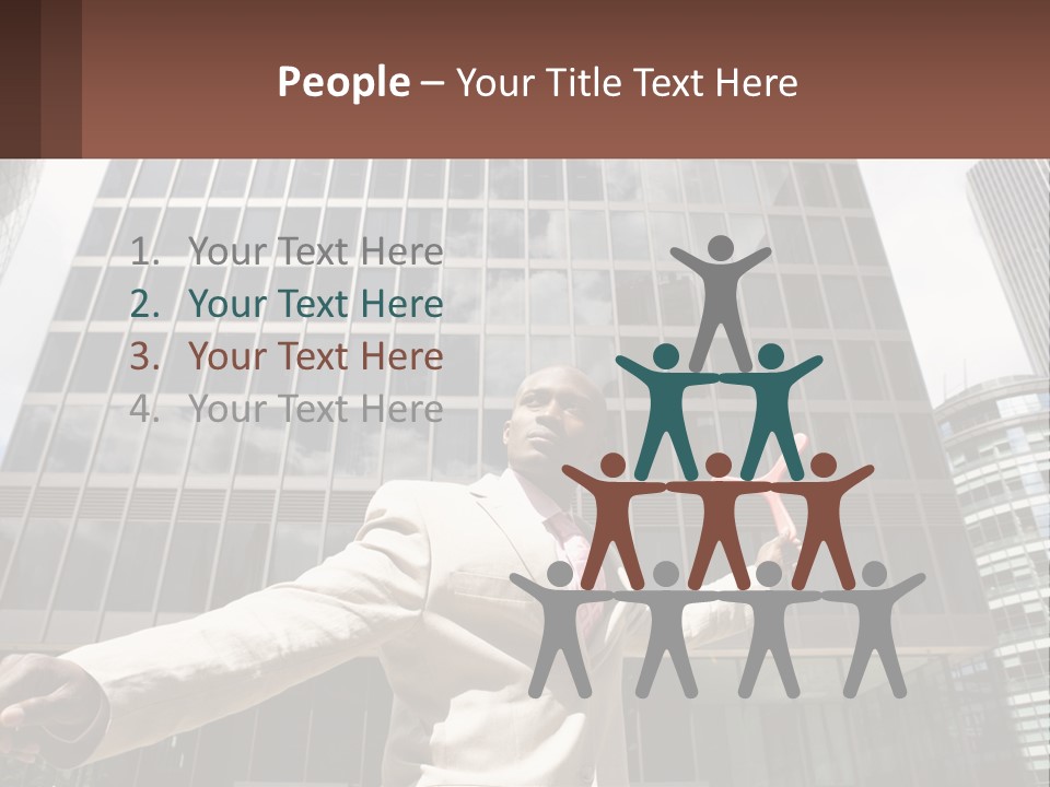A Man In A Suit Holding Up A Red Object In Front Of A Tall Building PowerPoint Template