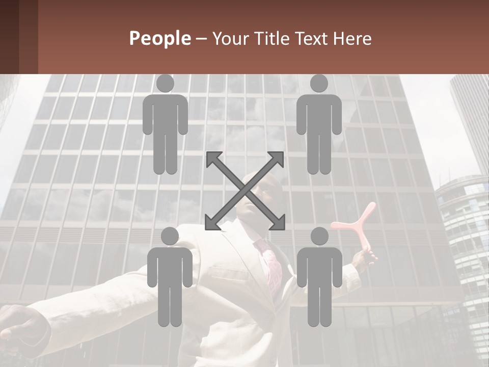 A Man In A Suit Holding Up A Red Object In Front Of A Tall Building PowerPoint Template