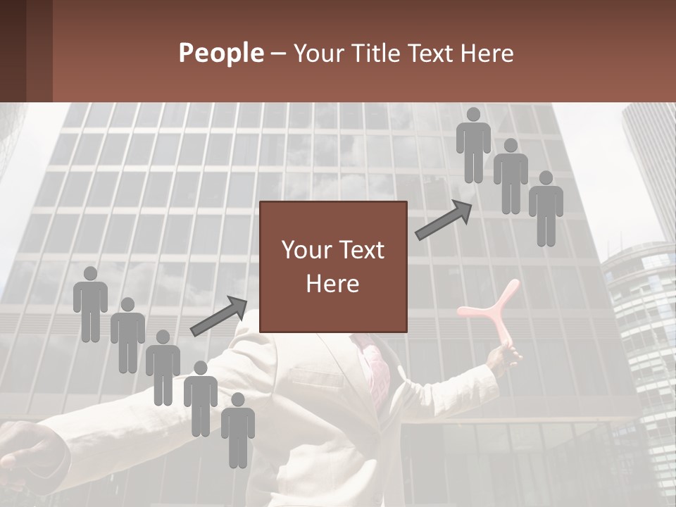 A Man In A Suit Holding Up A Red Object In Front Of A Tall Building PowerPoint Template