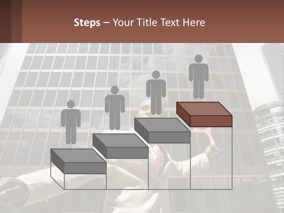 A Man In A Suit Holding Up A Red Object In Front Of A Tall Building PowerPoint Template