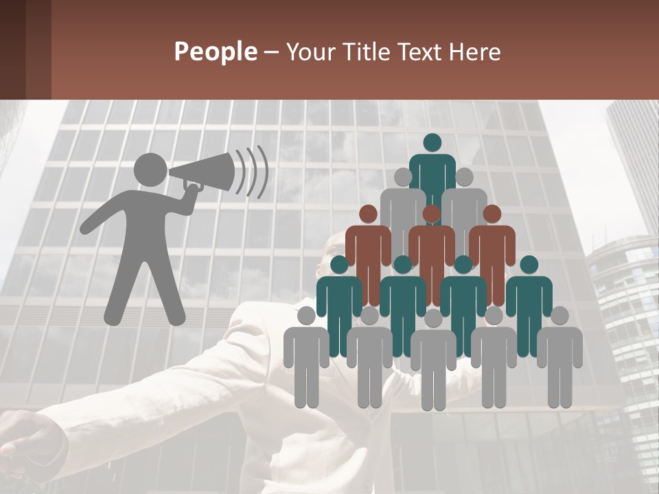 A Man In A Suit Holding Up A Red Object In Front Of A Tall Building PowerPoint Template