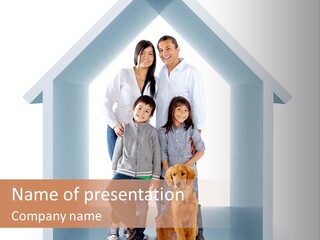 A Family Standing In Front Of A House With A Dog PowerPoint Template