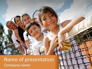 A Group Of Children Holding Tennis Rackets On A Tennis Court PowerPoint Template