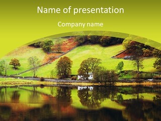 A Green Landscape With A Lake In The Foreground PowerPoint Template