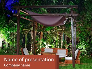 A Wooden Gazebo With A Purple Canopy Over It PowerPoint Template