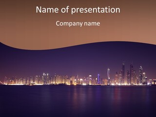 A City Skyline At Night With The Ocean In The Foreground PowerPoint Template