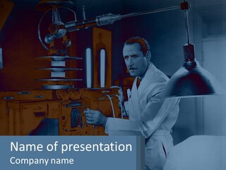 A Man In A White Lab Coat Is Holding A Large Object PowerPoint Template