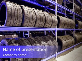 A Bunch Of Tires That Are On A Rack PowerPoint Template