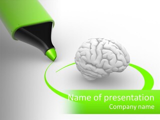 A Green Marker Writing On A White Background Next To A Brain PowerPoint Template