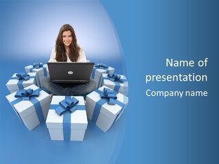 A Woman Sitting In Front Of A Laptop Surrounded By Presents PowerPoint Template