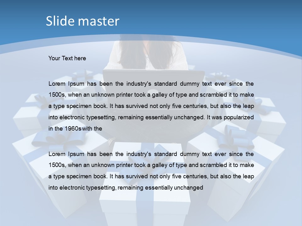 A Woman Sitting In Front Of A Laptop Surrounded By Presents PowerPoint Template