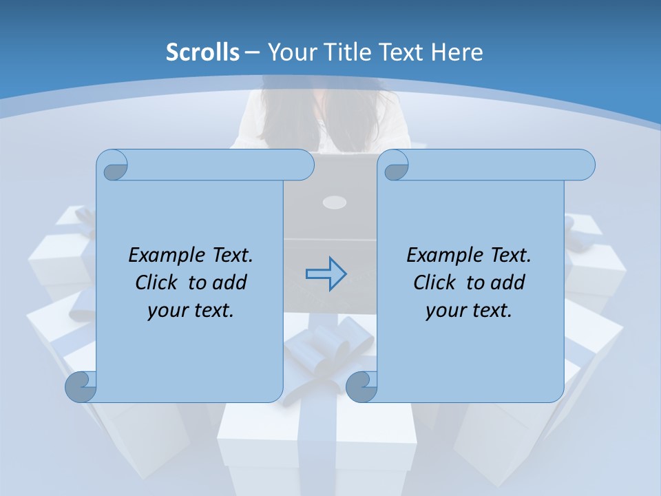 A Woman Sitting In Front Of A Laptop Surrounded By Presents PowerPoint Template