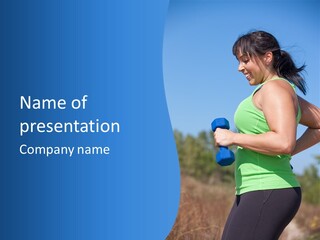 A Woman In A Green Tank Top Is Holding A Blue Dumbbell PowerPoint Template