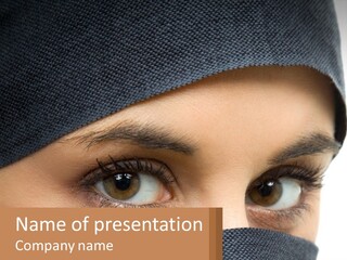 A Woman With A Scarf On Her Head Is Looking At The Camera PowerPoint Template