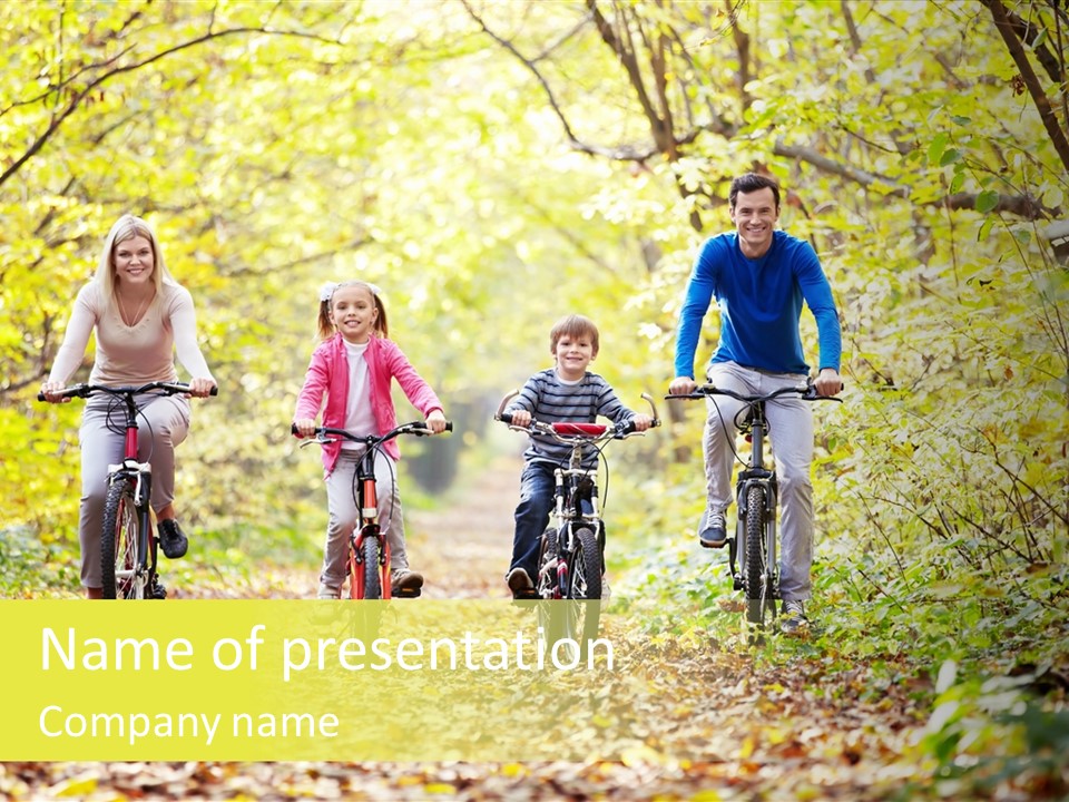 A Family Riding Bikes Through A Wooded Area PowerPoint Template