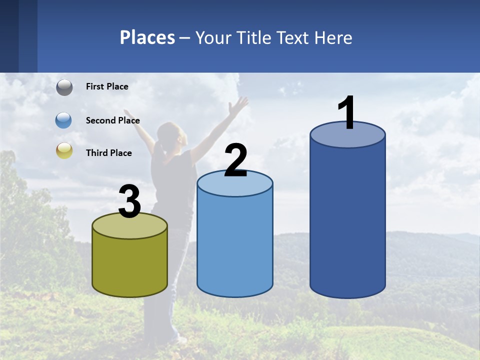 A Woman Standing On Top Of A Hill With Her Arms Outstretched PowerPoint Template