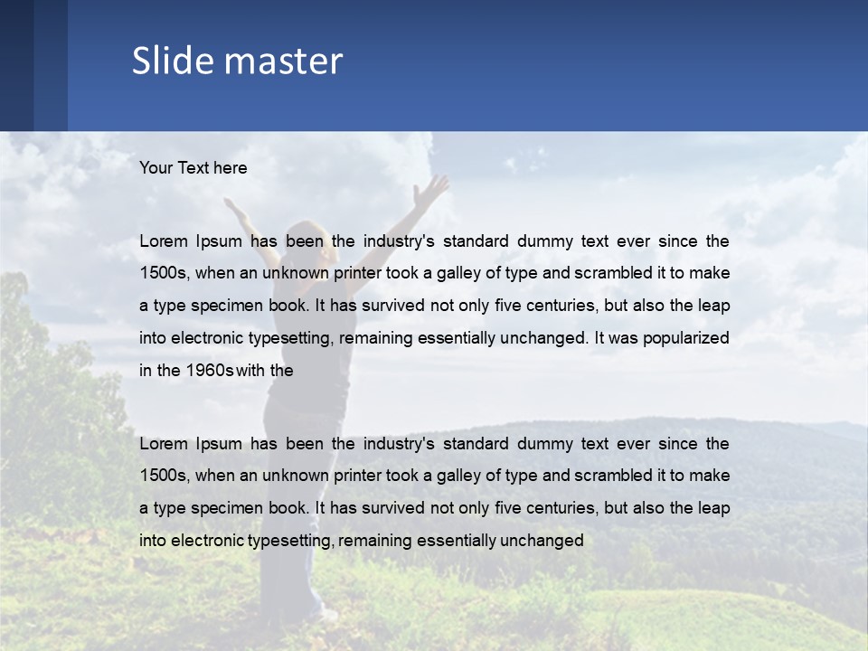 A Woman Standing On Top Of A Hill With Her Arms Outstretched PowerPoint Template