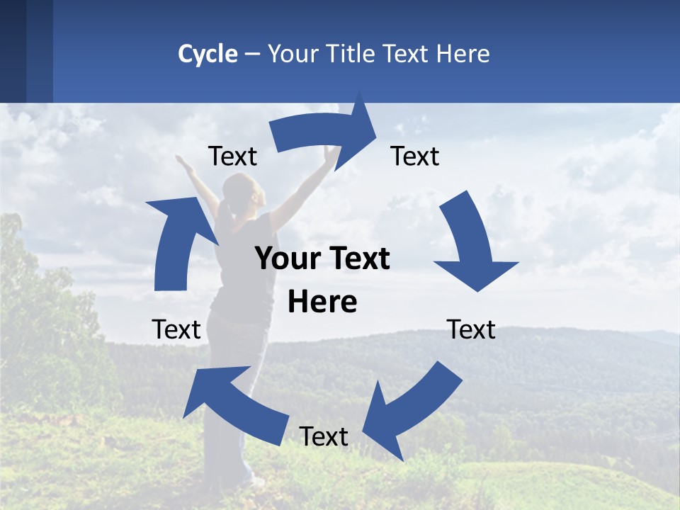 A Woman Standing On Top Of A Hill With Her Arms Outstretched PowerPoint Template