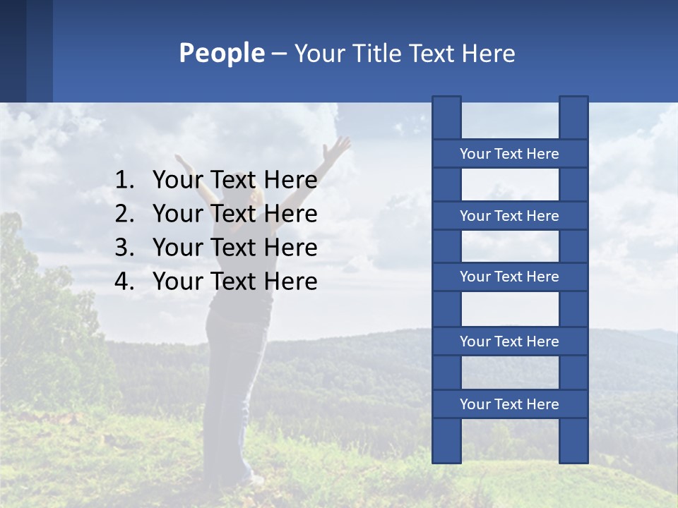 A Woman Standing On Top Of A Hill With Her Arms Outstretched PowerPoint Template