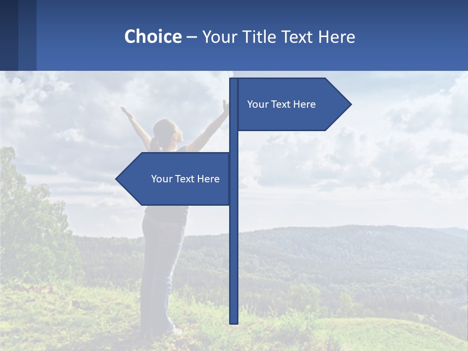 A Woman Standing On Top Of A Hill With Her Arms Outstretched PowerPoint Template