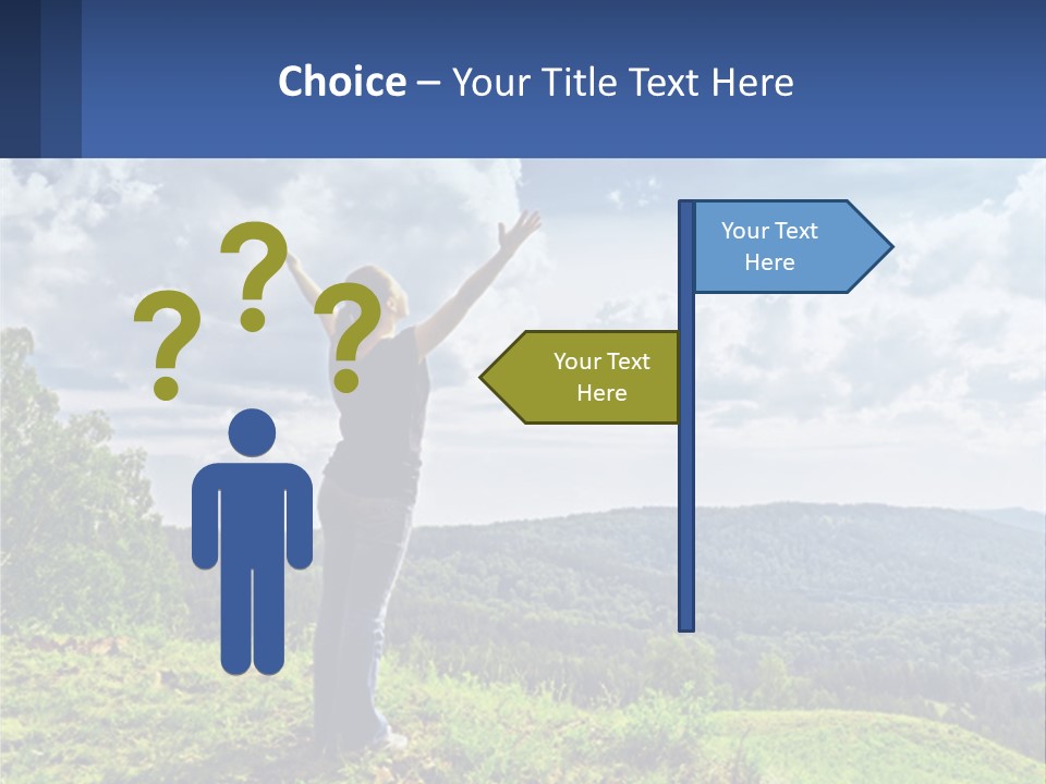 A Woman Standing On Top Of A Hill With Her Arms Outstretched PowerPoint Template