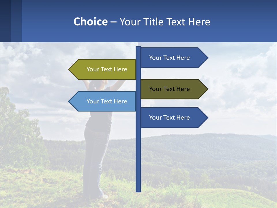 A Woman Standing On Top Of A Hill With Her Arms Outstretched PowerPoint Template