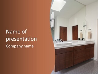 A Bathroom With Two Sinks And A Large Mirror PowerPoint Template