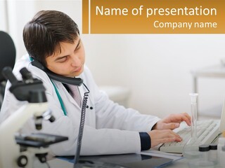 A Man In A Lab Coat Using A Laptop Computer PowerPoint Template