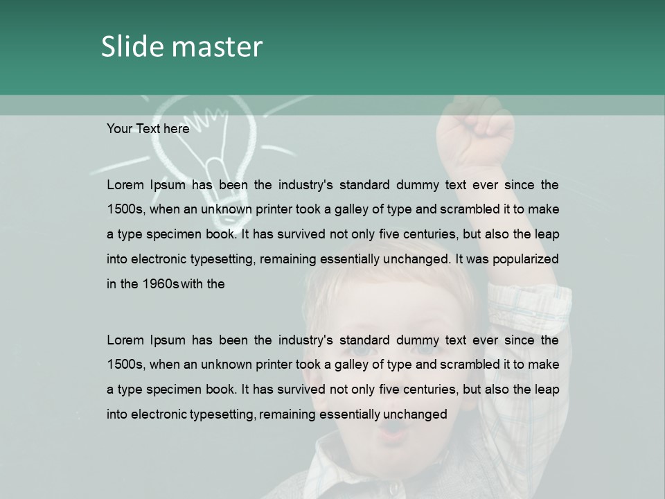 A Young Boy Pointing At A Light Bulb On A Chalkboard PowerPoint Template