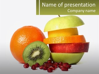 An Apple, Orange, Kiwi And Pomegranate On A White Background PowerPoint Template