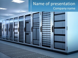 A Row Of Servers In A Data Center PowerPoint Template