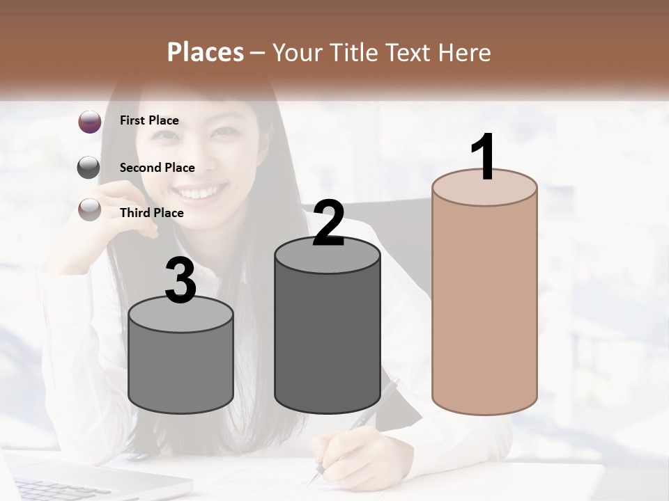 A Woman Sitting At A Desk In Front Of A Laptop Computer PowerPoint Template