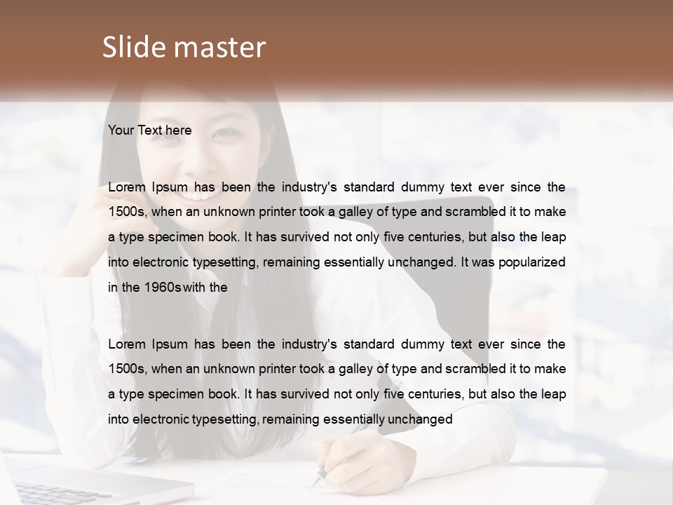 A Woman Sitting At A Desk In Front Of A Laptop Computer PowerPoint Template