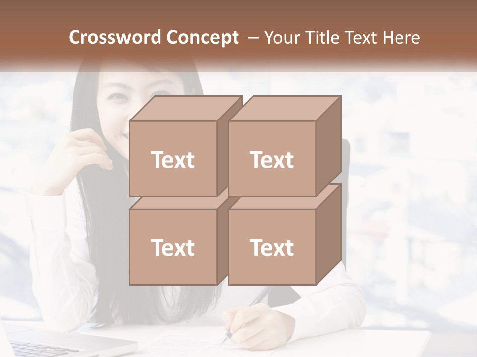 A Woman Sitting At A Desk In Front Of A Laptop Computer PowerPoint Template