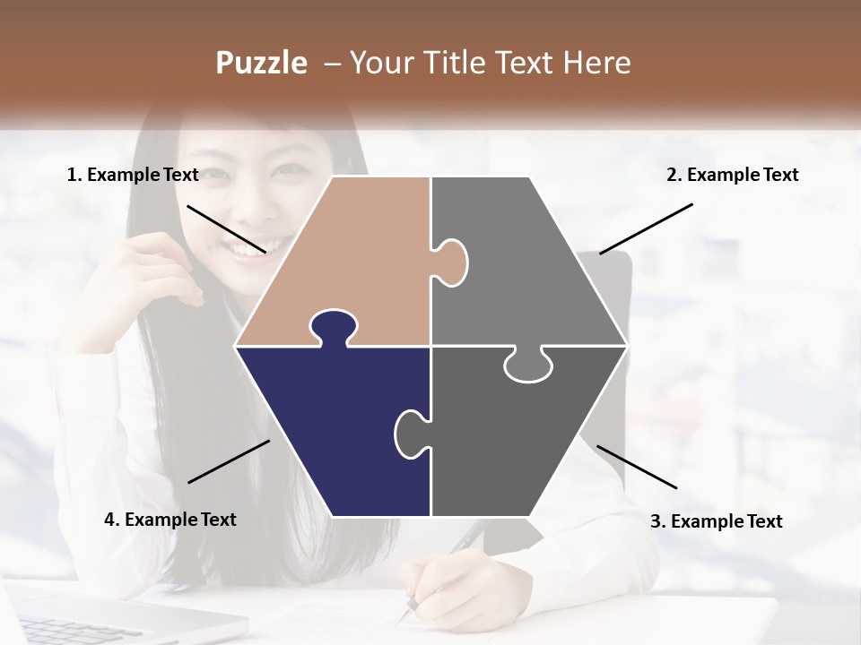 A Woman Sitting At A Desk In Front Of A Laptop Computer PowerPoint Template