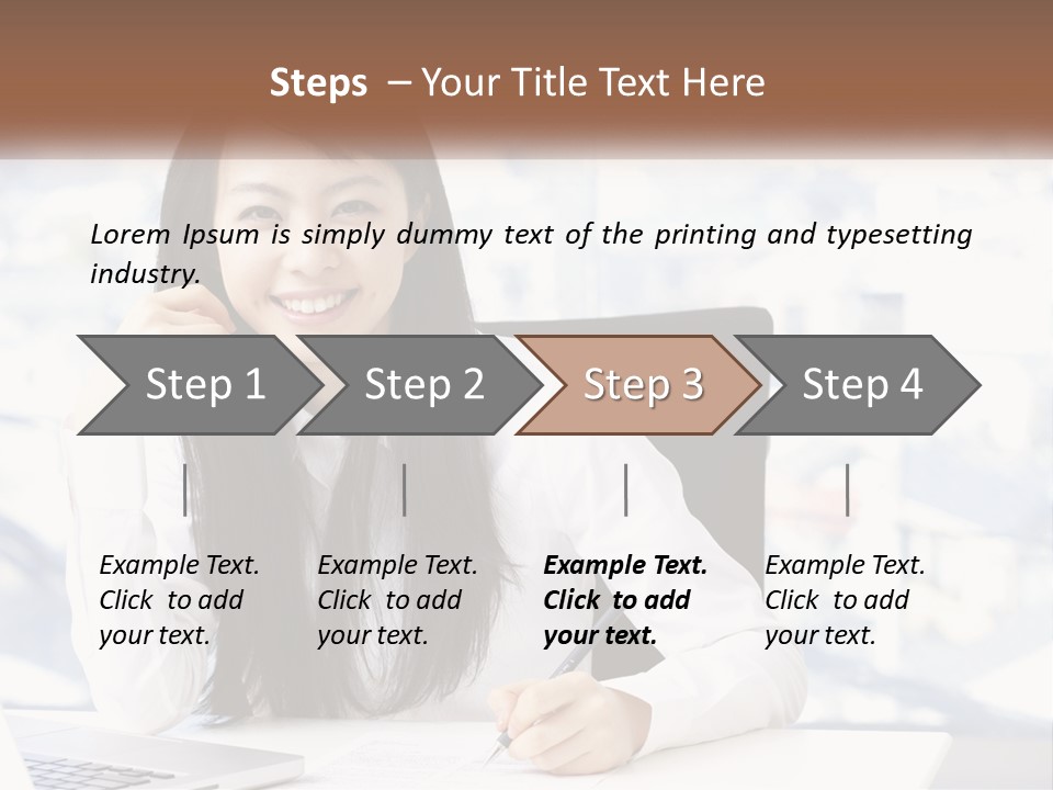 A Woman Sitting At A Desk In Front Of A Laptop Computer PowerPoint Template
