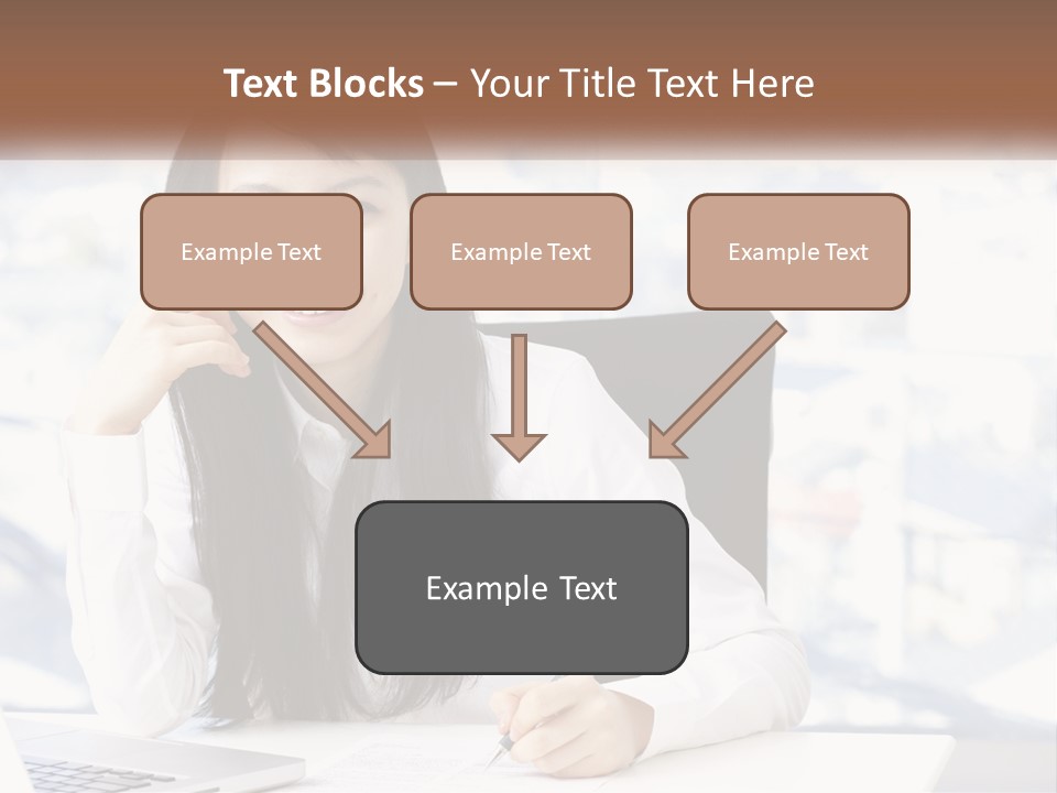 A Woman Sitting At A Desk In Front Of A Laptop Computer PowerPoint Template