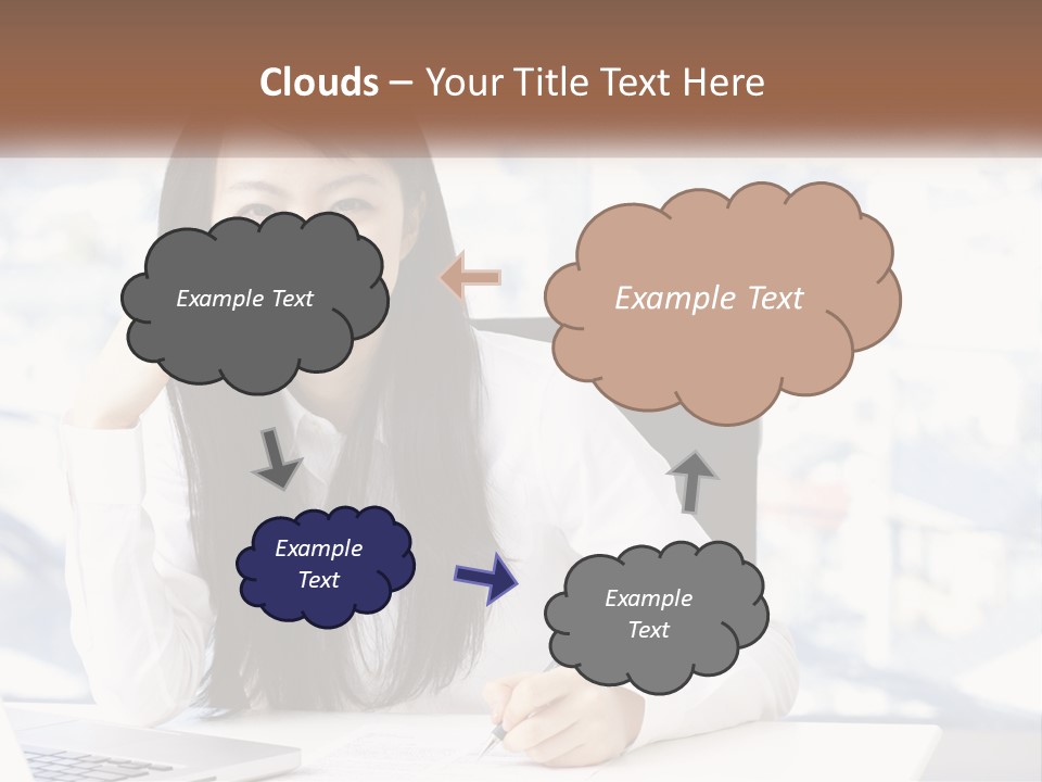 A Woman Sitting At A Desk In Front Of A Laptop Computer PowerPoint Template