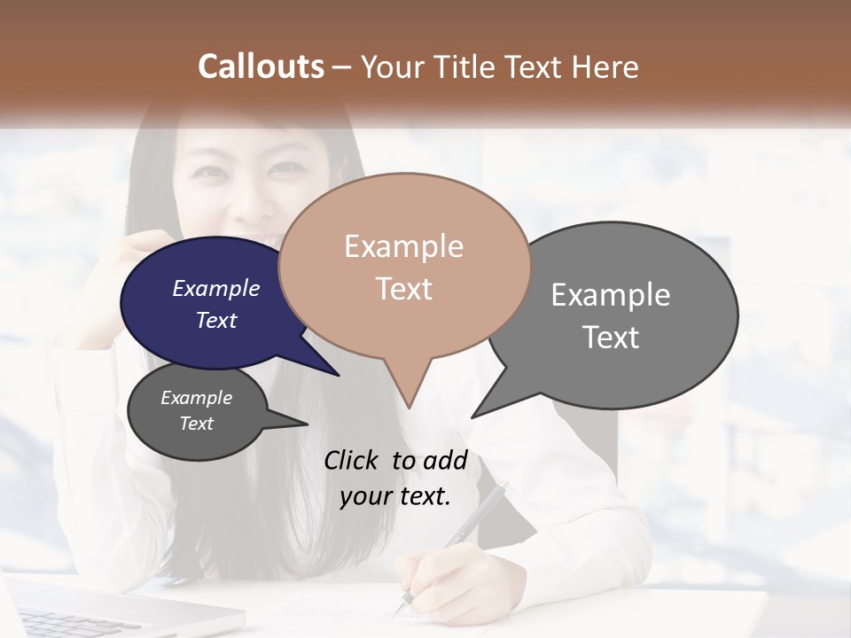 A Woman Sitting At A Desk In Front Of A Laptop Computer PowerPoint Template