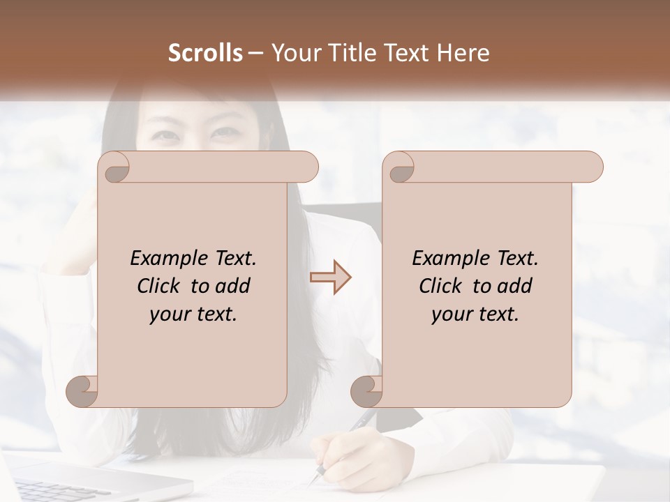 A Woman Sitting At A Desk In Front Of A Laptop Computer PowerPoint Template