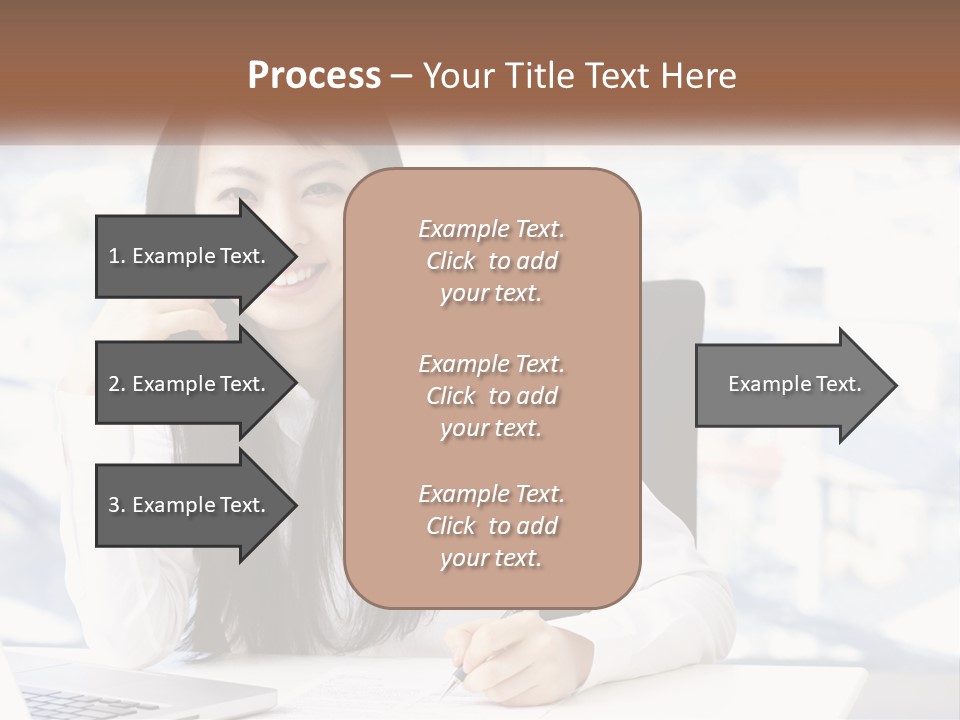 A Woman Sitting At A Desk In Front Of A Laptop Computer PowerPoint Template
