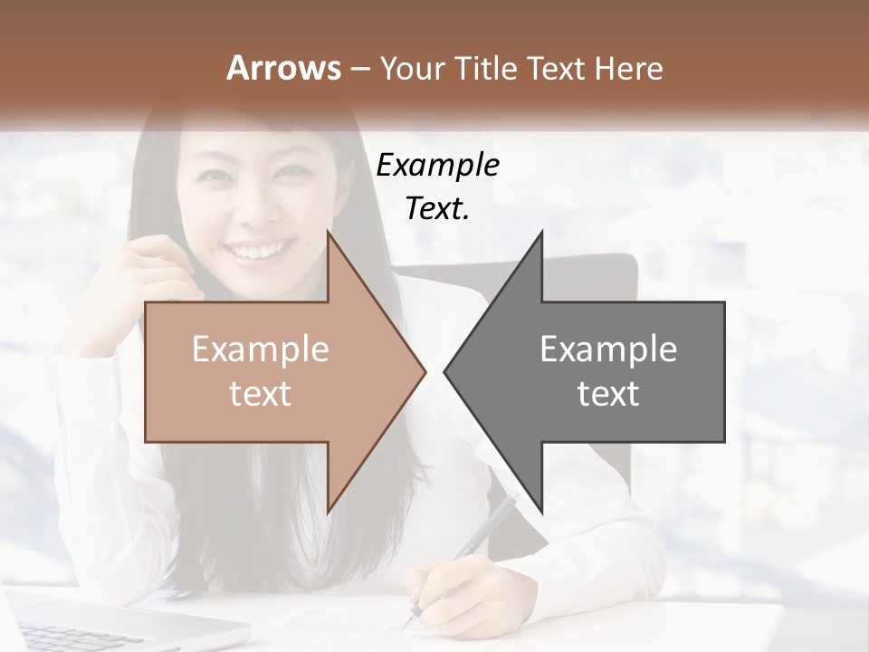 A Woman Sitting At A Desk In Front Of A Laptop Computer PowerPoint Template