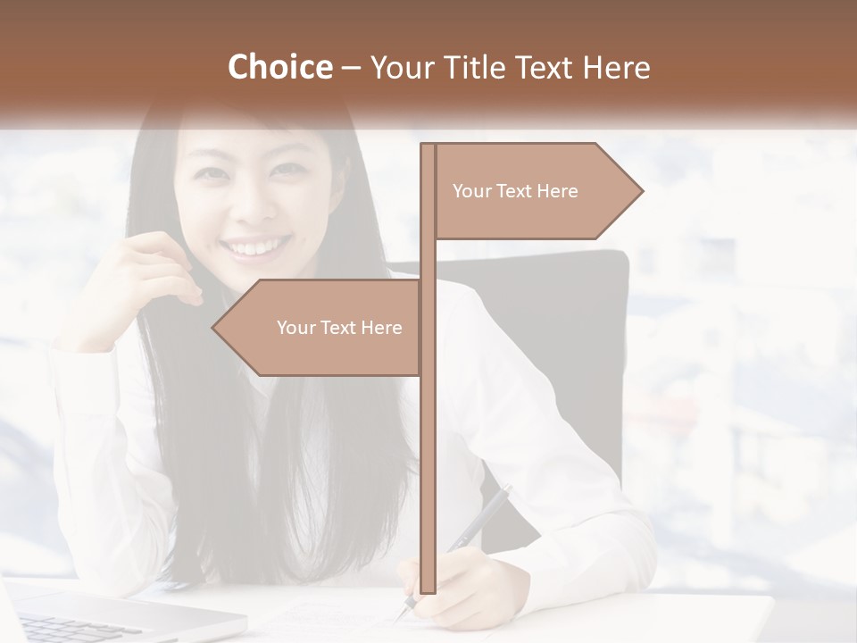 A Woman Sitting At A Desk In Front Of A Laptop Computer PowerPoint Template