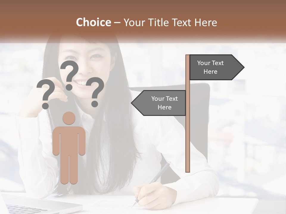 A Woman Sitting At A Desk In Front Of A Laptop Computer PowerPoint Template